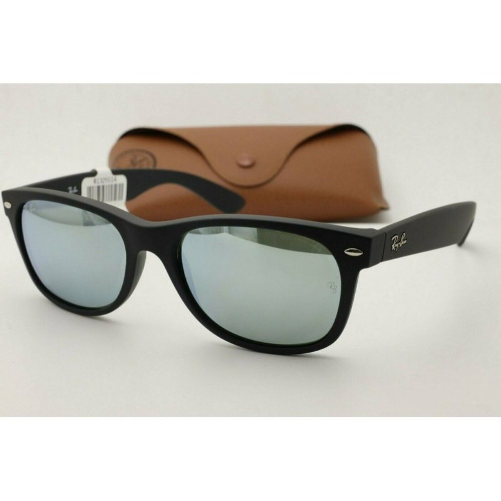 New Ray Ban RB 2132 New Wayfarer Sunglasses 622/30 Matte Black / Green Mirrored - Picture 2 of 5